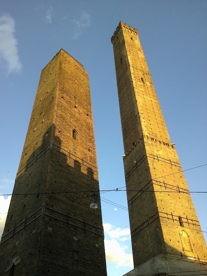 The Two Towers of Bologna: the Asinelli Tower (97 m) and the Garisenda Tower (48 m), Bologna, Italy (May 2013).