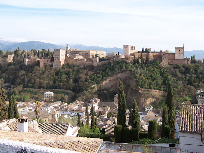 The Alhambra as seen from the San Nicolás lookout, Granada, Spain (March 2005).