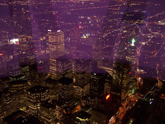 Night view of downtown Toronto as seen from the CN Tower, Toronto, ON, Canada (August 2009).