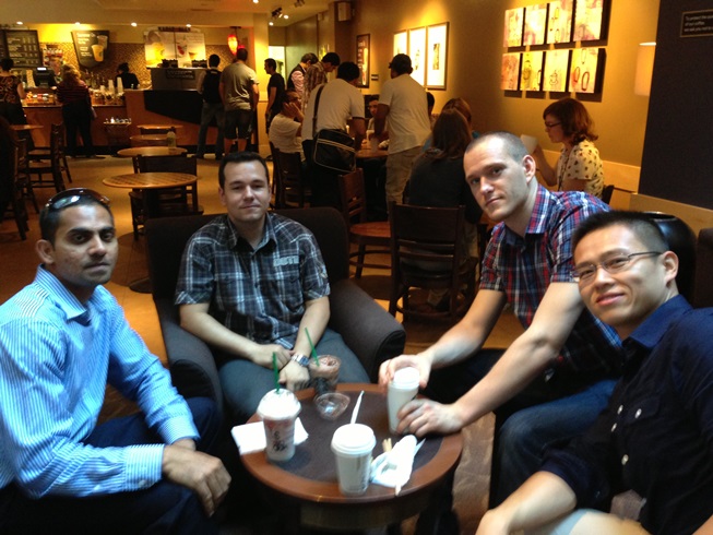 My colleagues at CCSR (UNIS). From left to right: Joe Thainesh, myself, Marcin Filo and Wuchen Tang (August 30, 2013, Guildford, Surrey, United Kingdom).